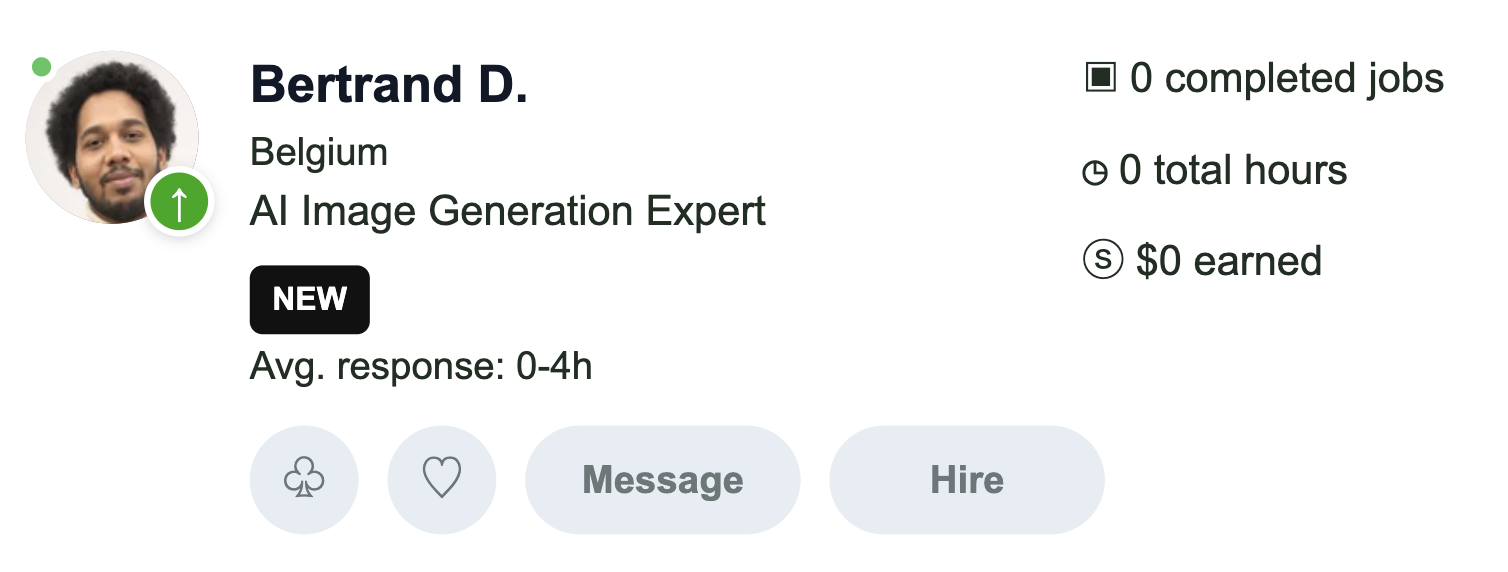 Upwork applicant card — Bertrand D., AI Image Generation Expert, marked NEW with 0 completed jobs and $0 earned