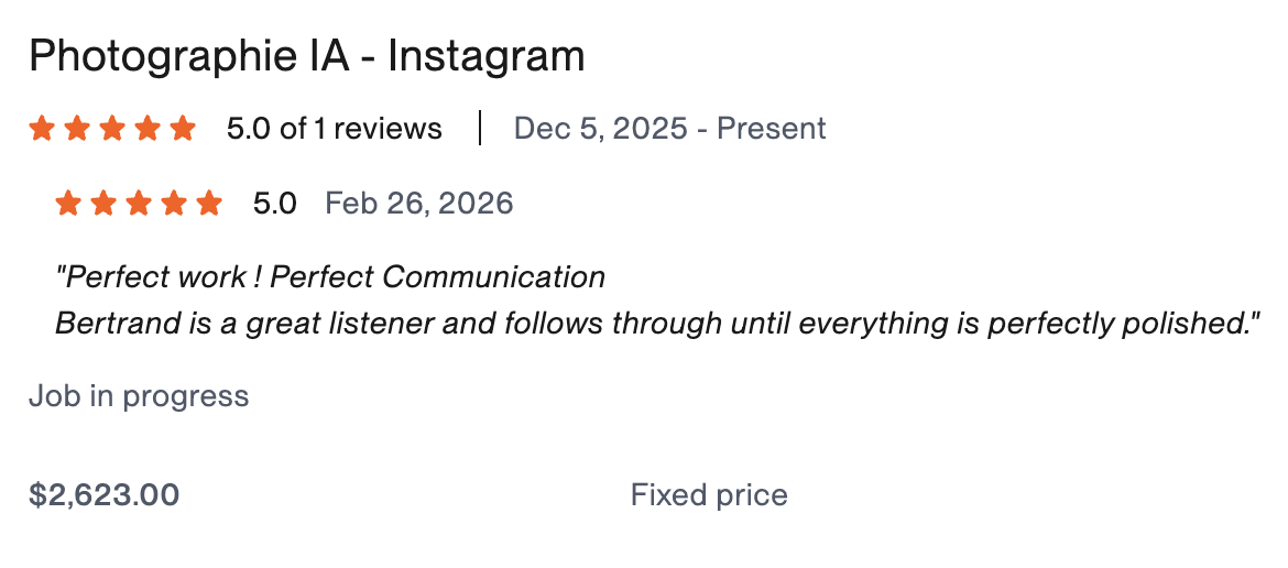 A $2,623 ongoing Upwork job with a 5.0 client review
