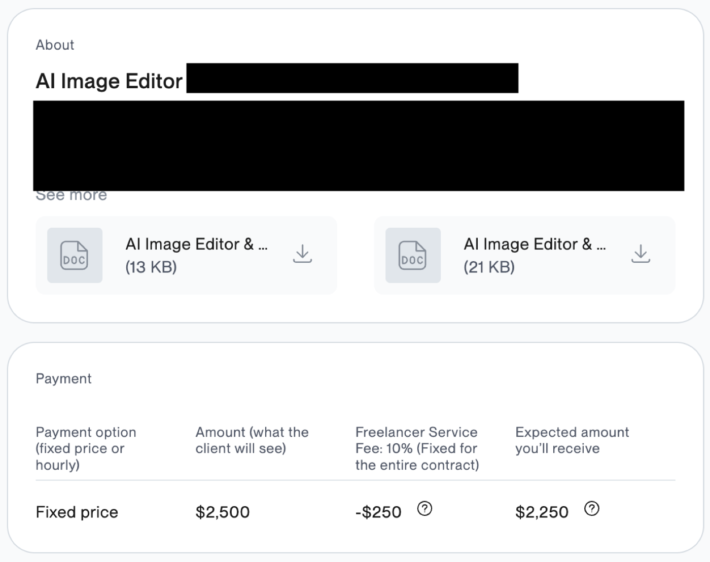 A $2,500 fixed-price Upwork contract for AI product images — $2,250 after Upwork's 10% fee