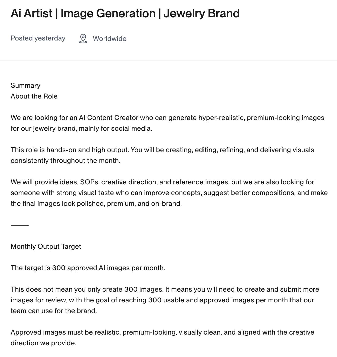 Upwork job post from a jewelry brand seeking AI product images every month
