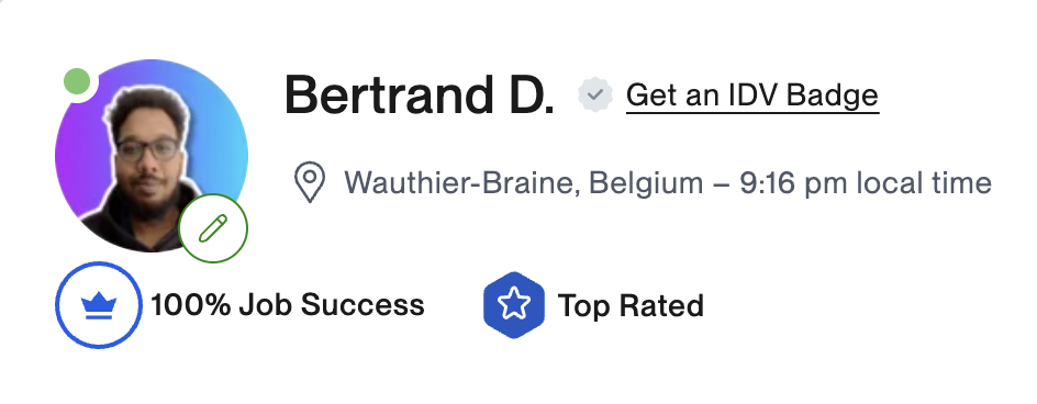 Upwork profile header showing Top Rated badge and 100% Job Success