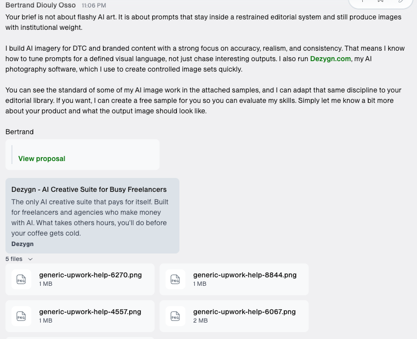 Bertrand's Upwork proposal offering three custom sample images up front