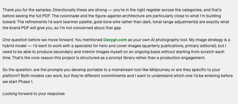 The client's reply praising the sample images