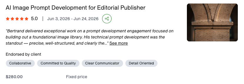 A 5.0 client review on a $280 fixed-price AI image prompt-development contract for an editorial publisher