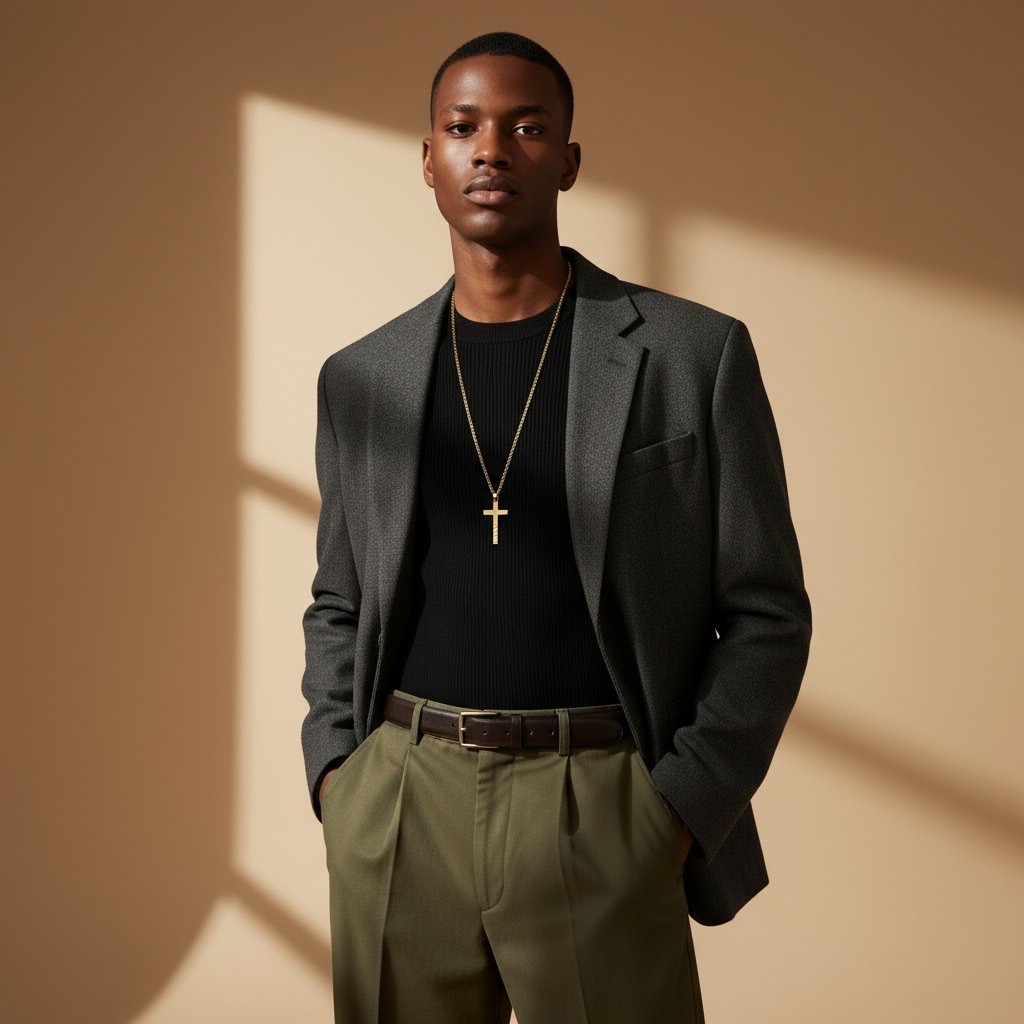Editorial photo of a man in a blazer wearing the pendant