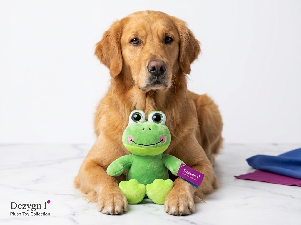 Golden retriever with a branded plush toy