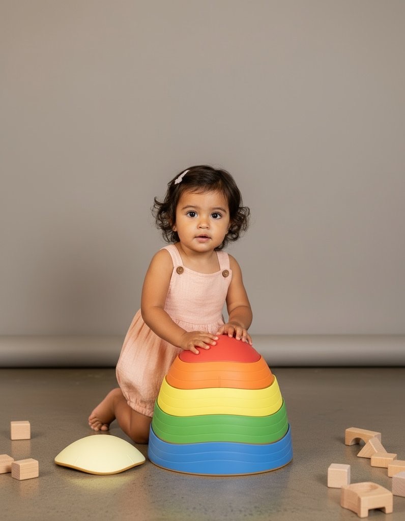 Lifestyle photo of a toddler playing with the stacking toy