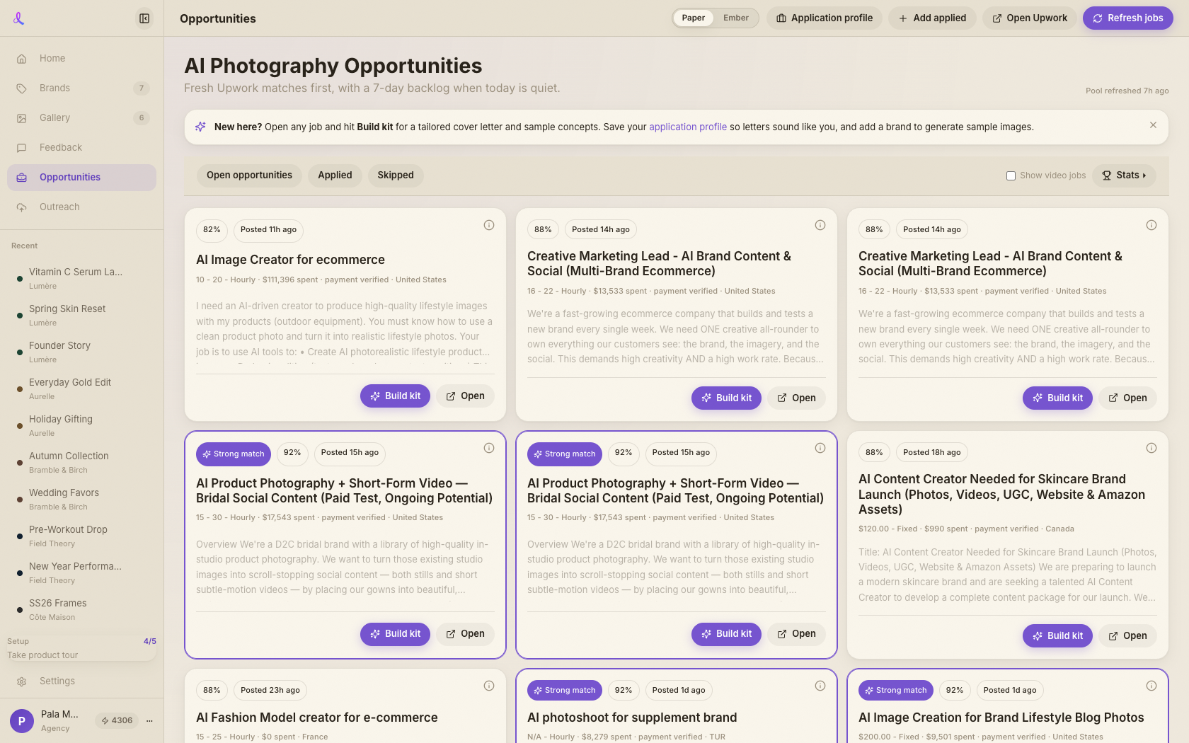 Opportunities feed with Build kit on each Upwork job card