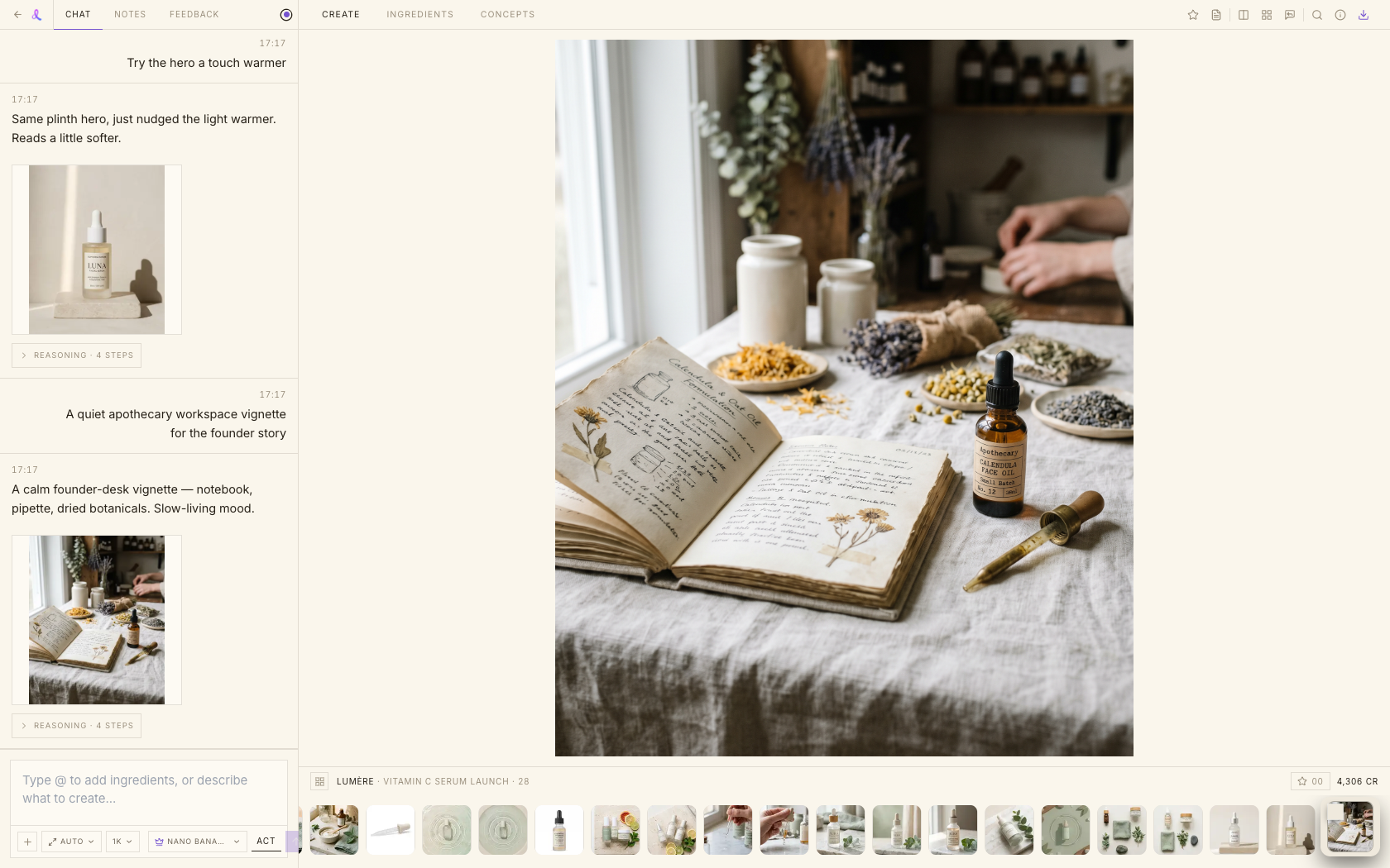 Awa chat pane beside a spread of generated frames in the workspace