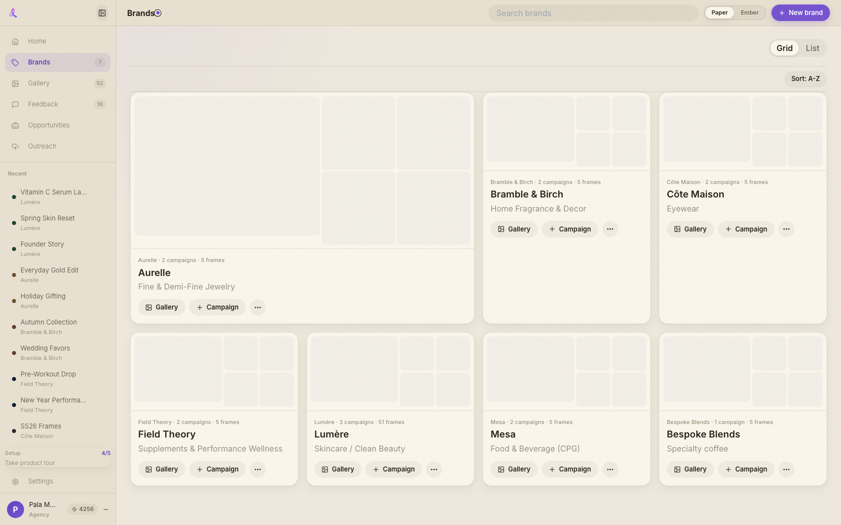 The v2 Brands page — a grid of brand cards each previewing recent frames