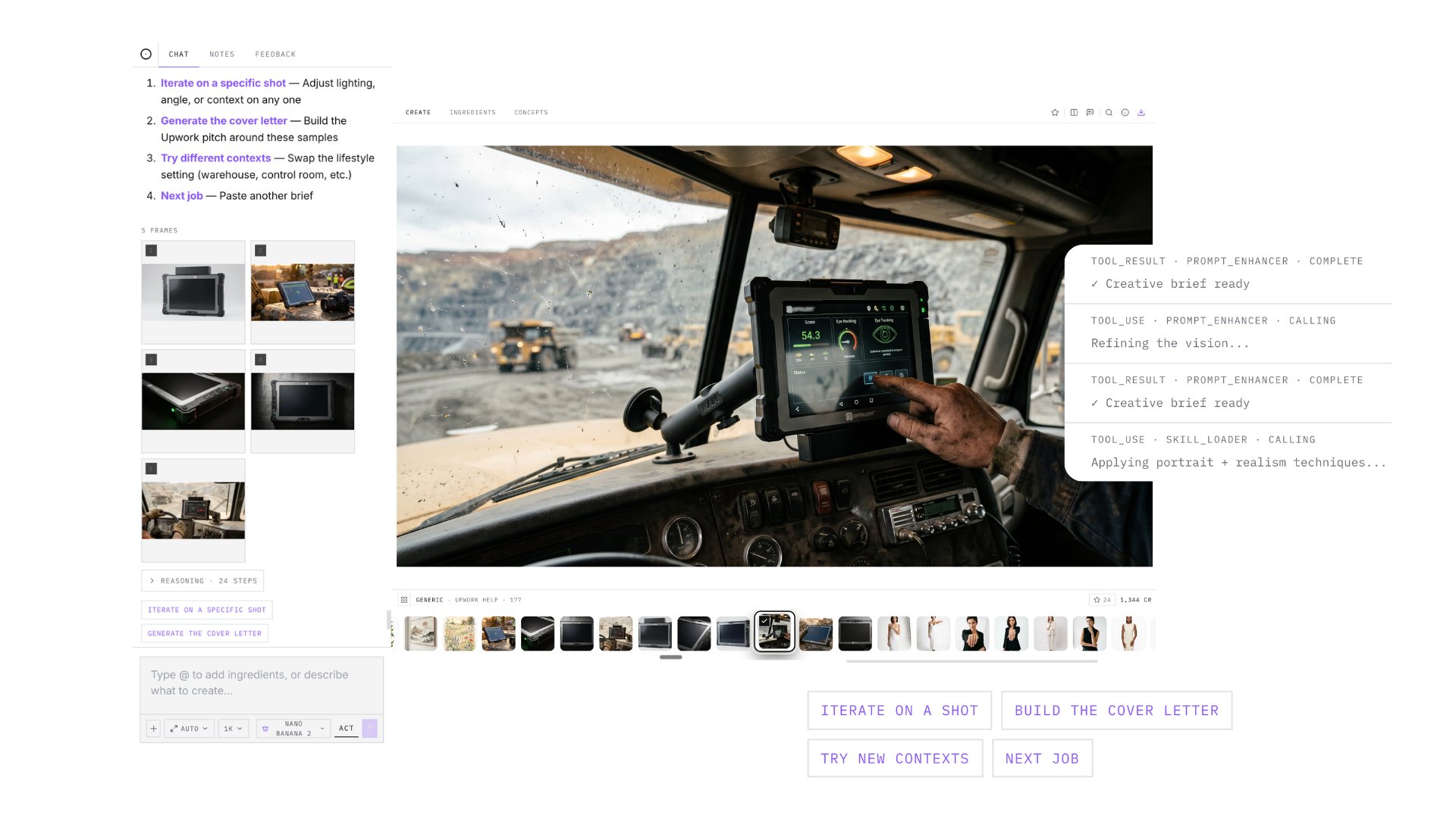 Dezygn Awa workspace showing AI creative assistant guidance, generated frames, and prompt enhancement progress