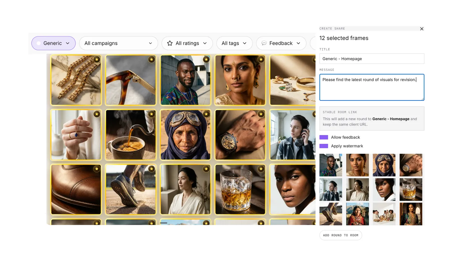 Dezygn gallery showing selected favorite frames and a client share panel for review