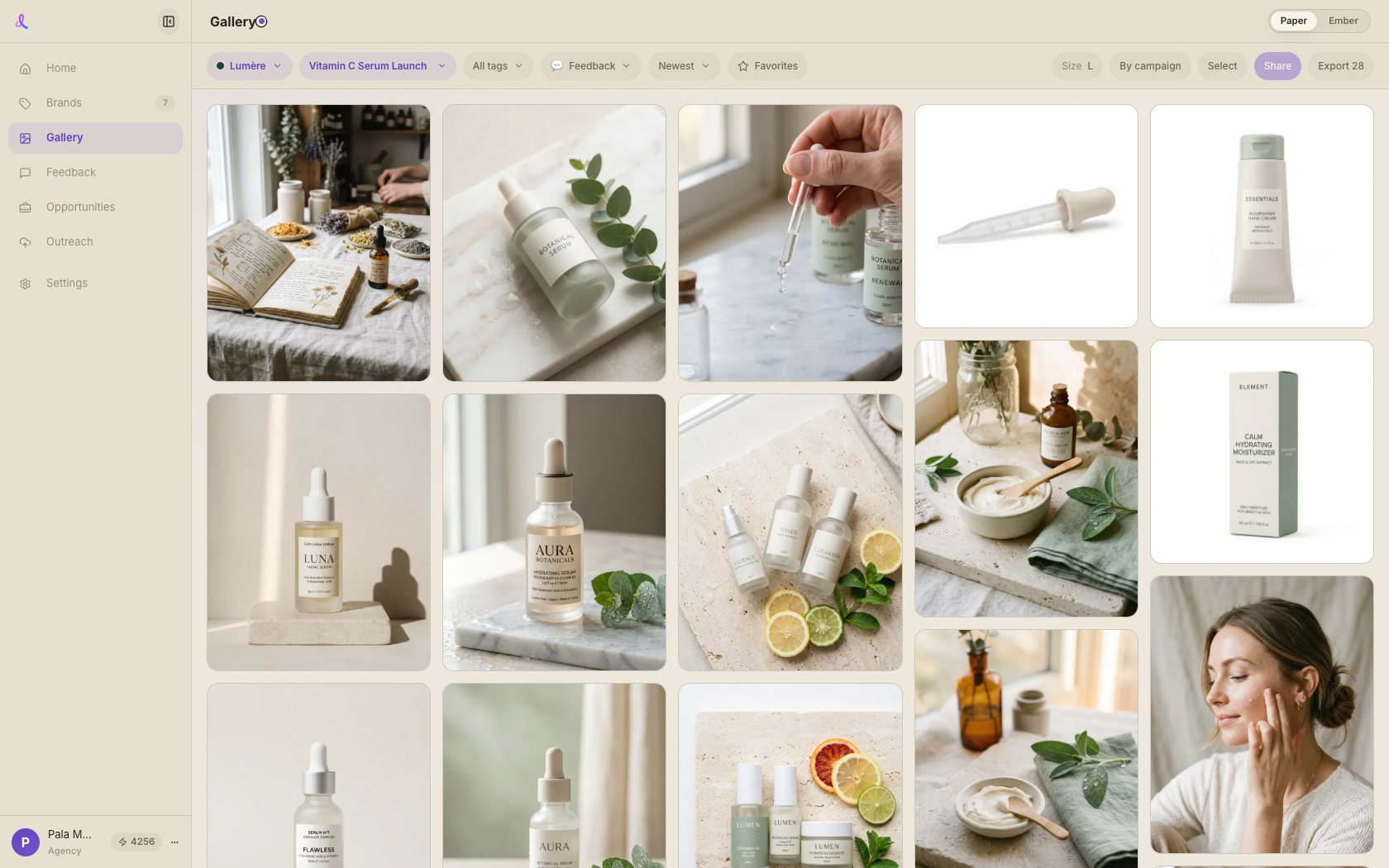 The v2 Gallery full of generated Lumère product frames