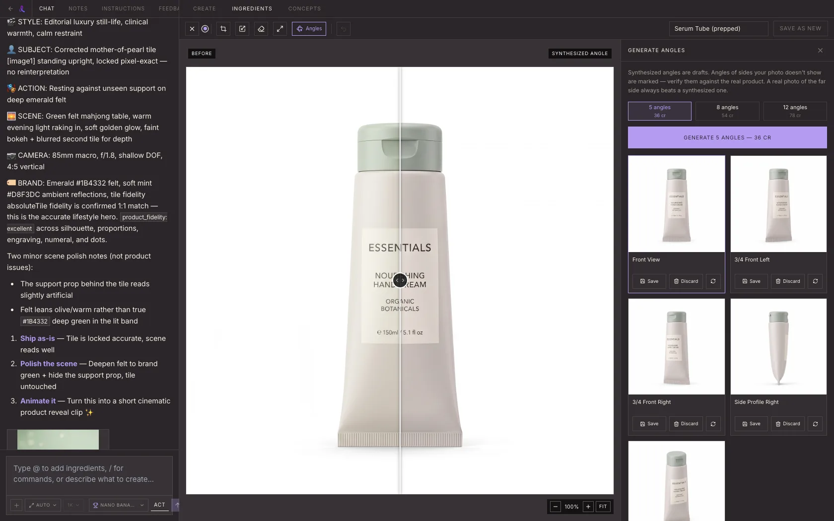 Dezygn Generate Angles panel with a product photo turned into multiple studio angle tiles