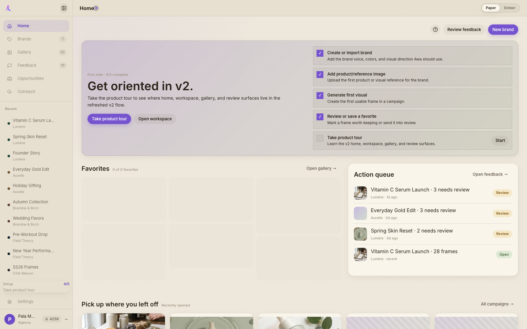 The Dezygn home dashboard with favorites, action queue, and brands