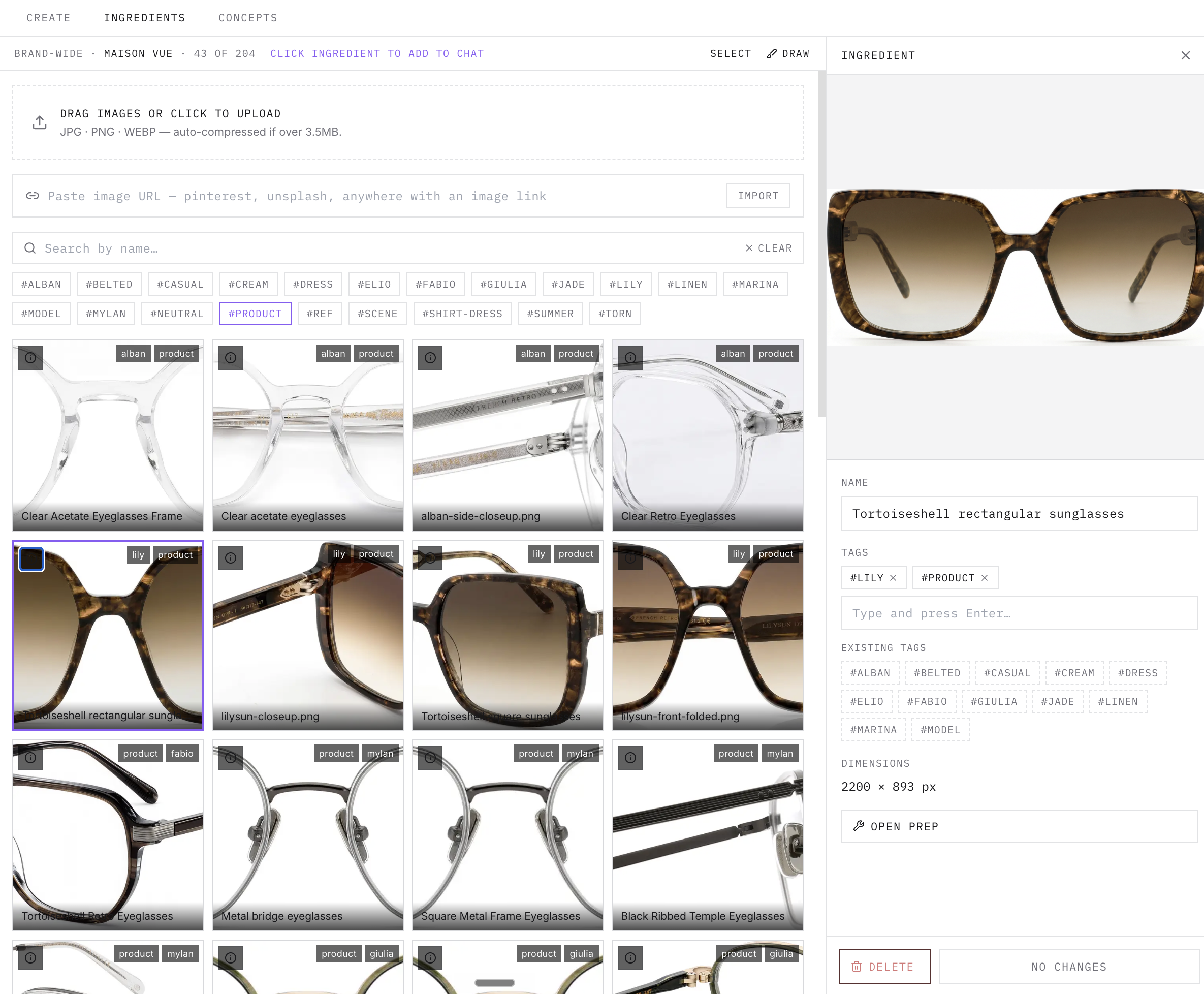 The Ingredients tab showing a brand asset library of product photos and references