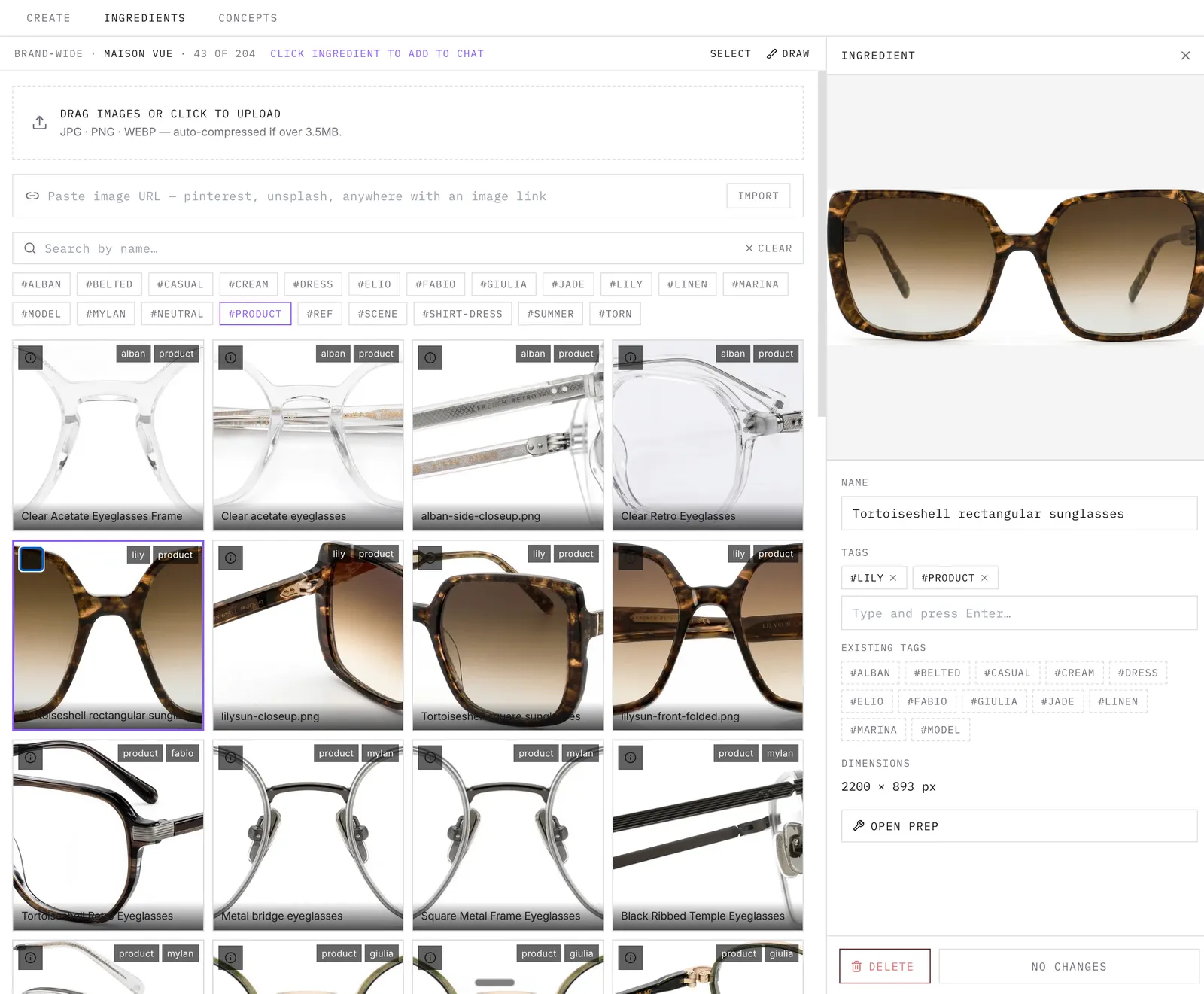 Dezygn ingredients library showing uploaded product assets, searchable tags, and an ingredient detail panel