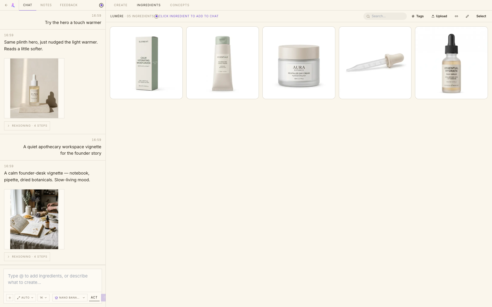 The Ingredients tab — a masonry mosaic of product and reference images for the brand