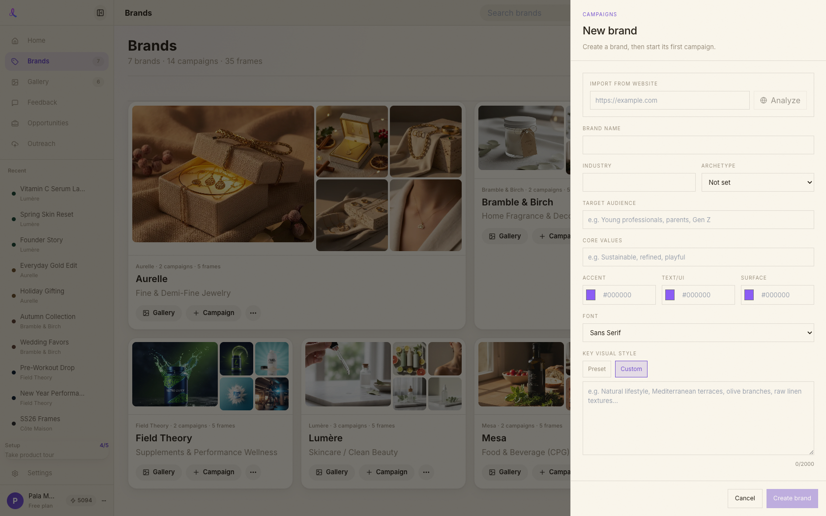 New brand drawer with the import-from-website field