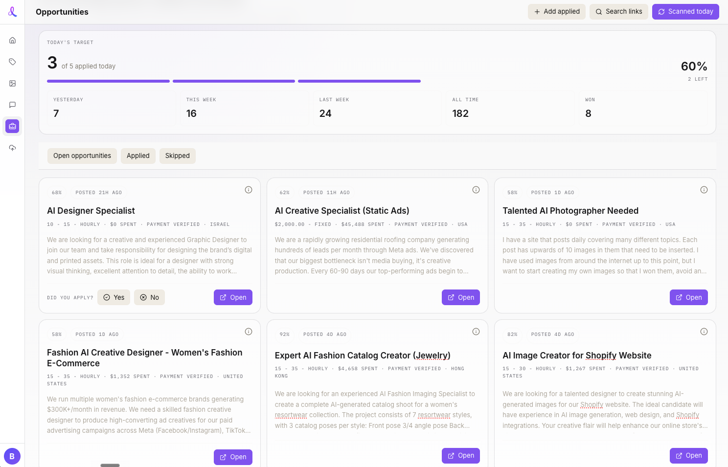 The Opportunities feed showing scored Upwork jobs with budgets and application tracking