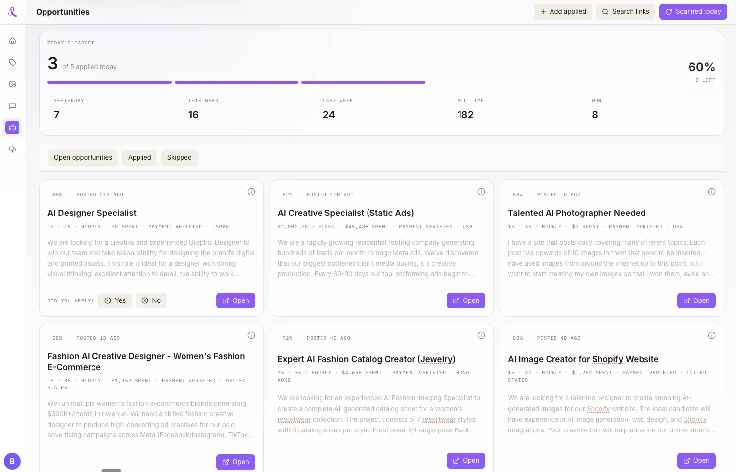 Dezygn opportunities dashboard showing AI photography gigs, application progress, and open opportunity cards