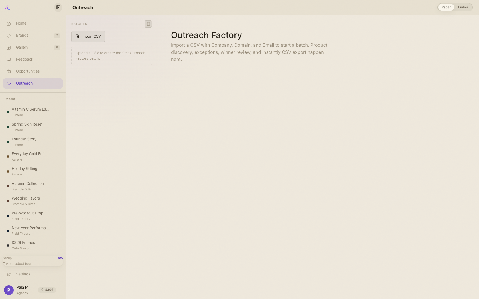 Outreach Factory batch dashboard with lead counts and generation actions