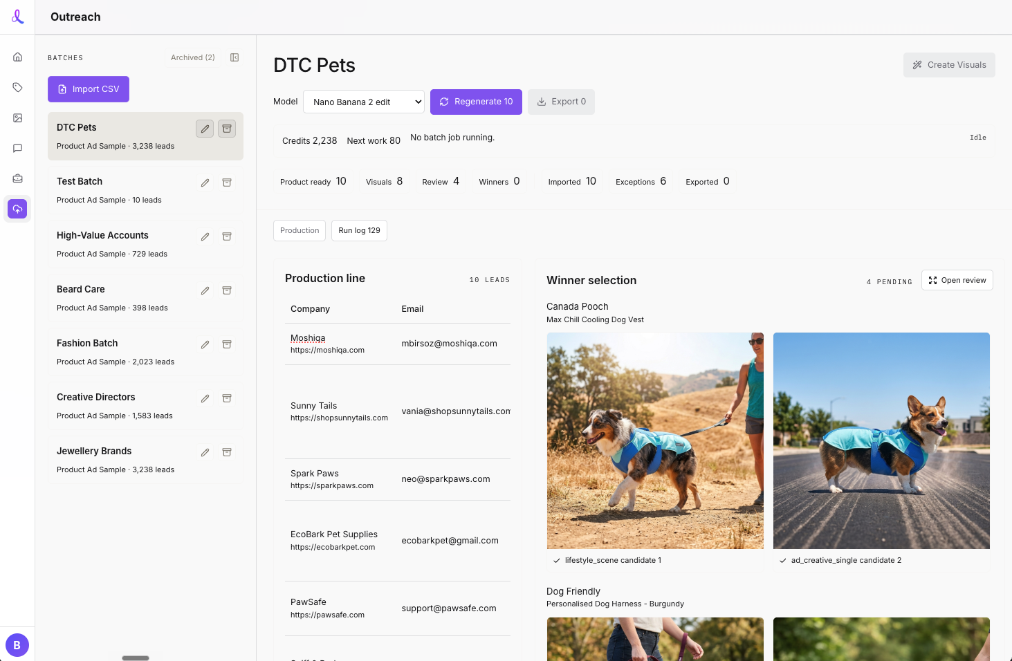 Dezygn outreach dashboard showing imported lead batches, production line, and AI-generated winner visuals