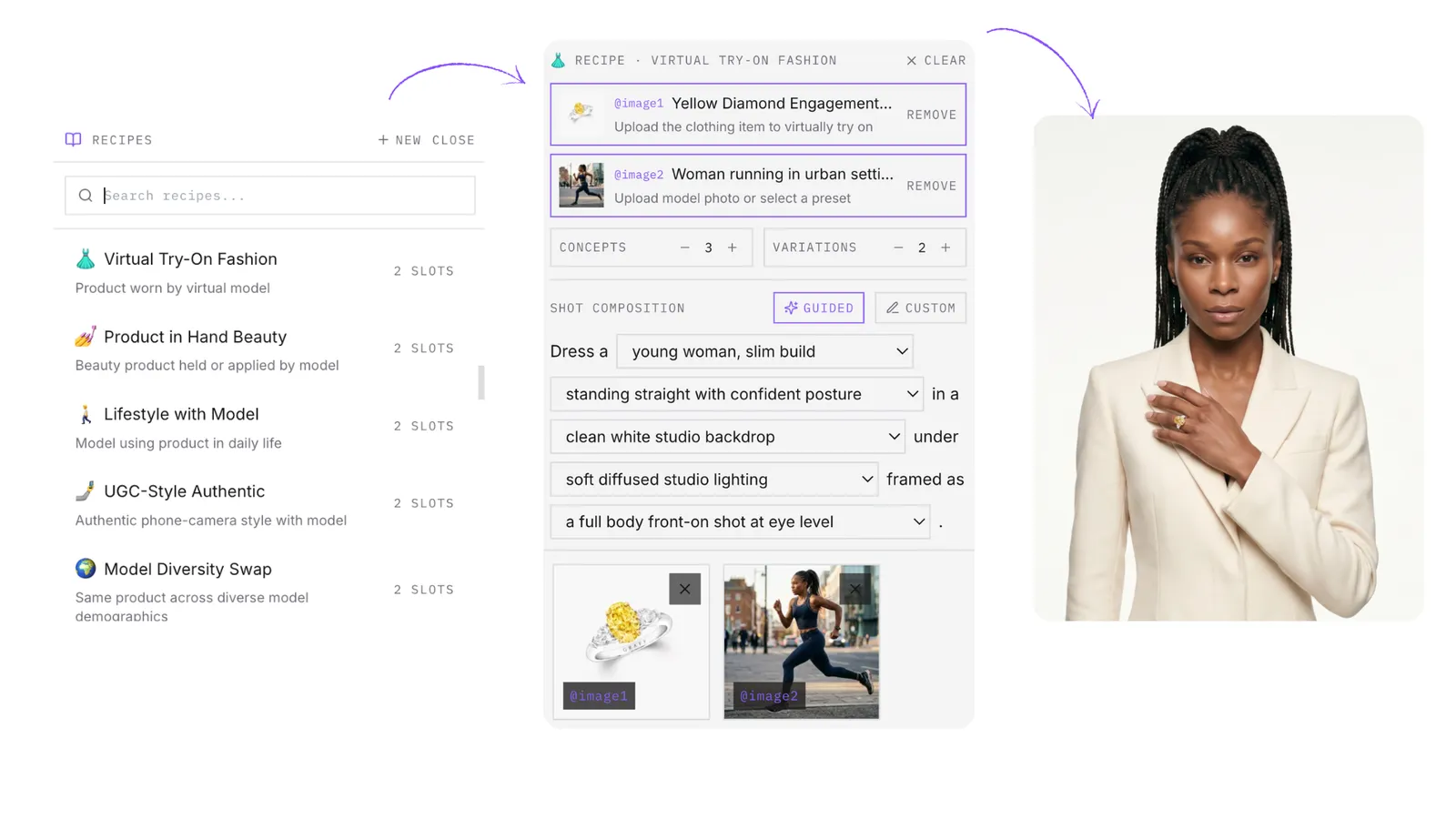 Dezygn recipes screen showing reusable prompt templates, image inputs, guided settings, and generated fashion output
