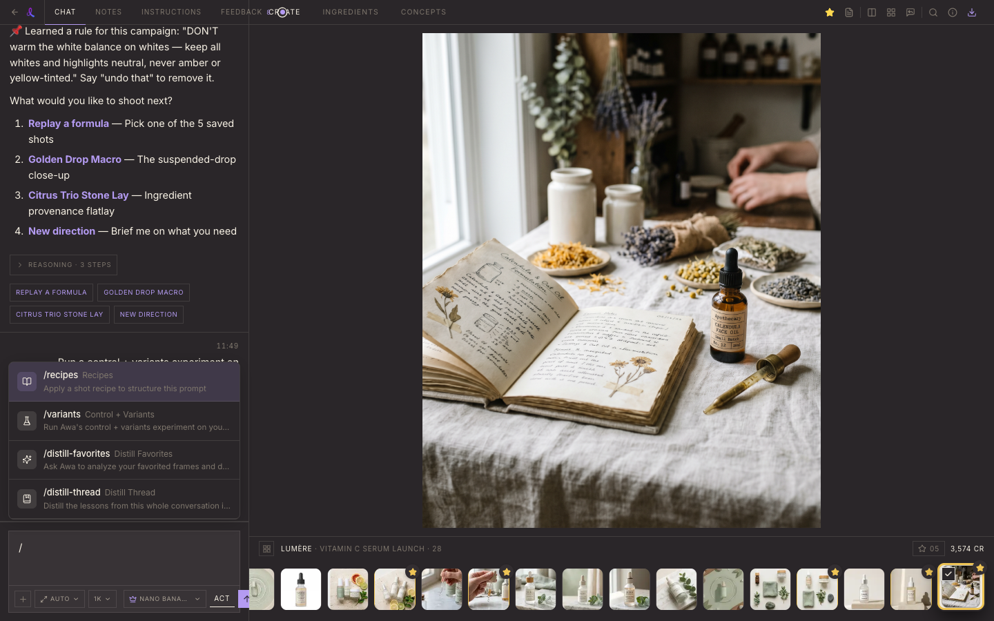 The slash command menu open over the Dezygn chat composer, listing Recipes, Control + Variants, Distill Favorites, and Distill Thread