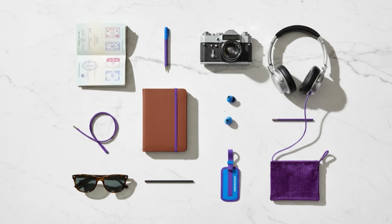 Overhead AI flat lay with products and props arranged on a styled surface