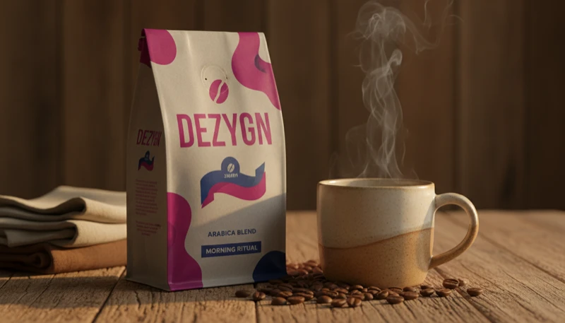 AI food and beverage photography showing branded packaging in a styled kitchen scene
