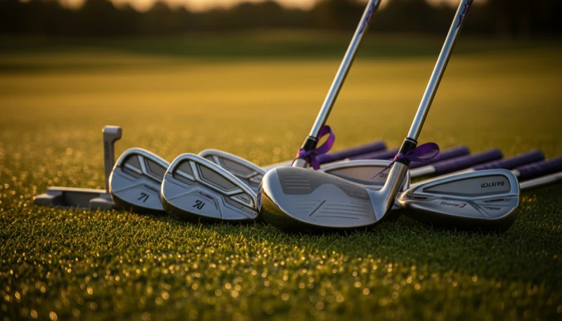 AI-generated golf apparel photography showing a model on a course in branded outerwear