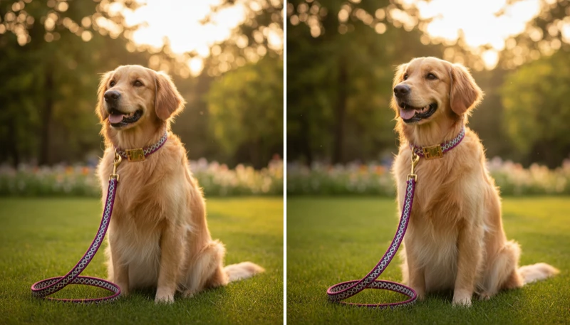 AI pet photography showing a golden retriever with a plush toy in a bright studio scene