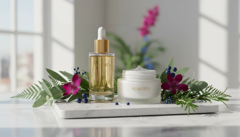 AI skincare photography showing a serum bottle in soft natural light
