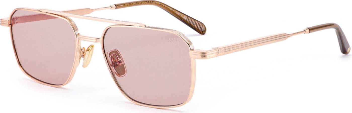 Product photo of a rose gold aviator eyeglass frame with pink lenses on a white background