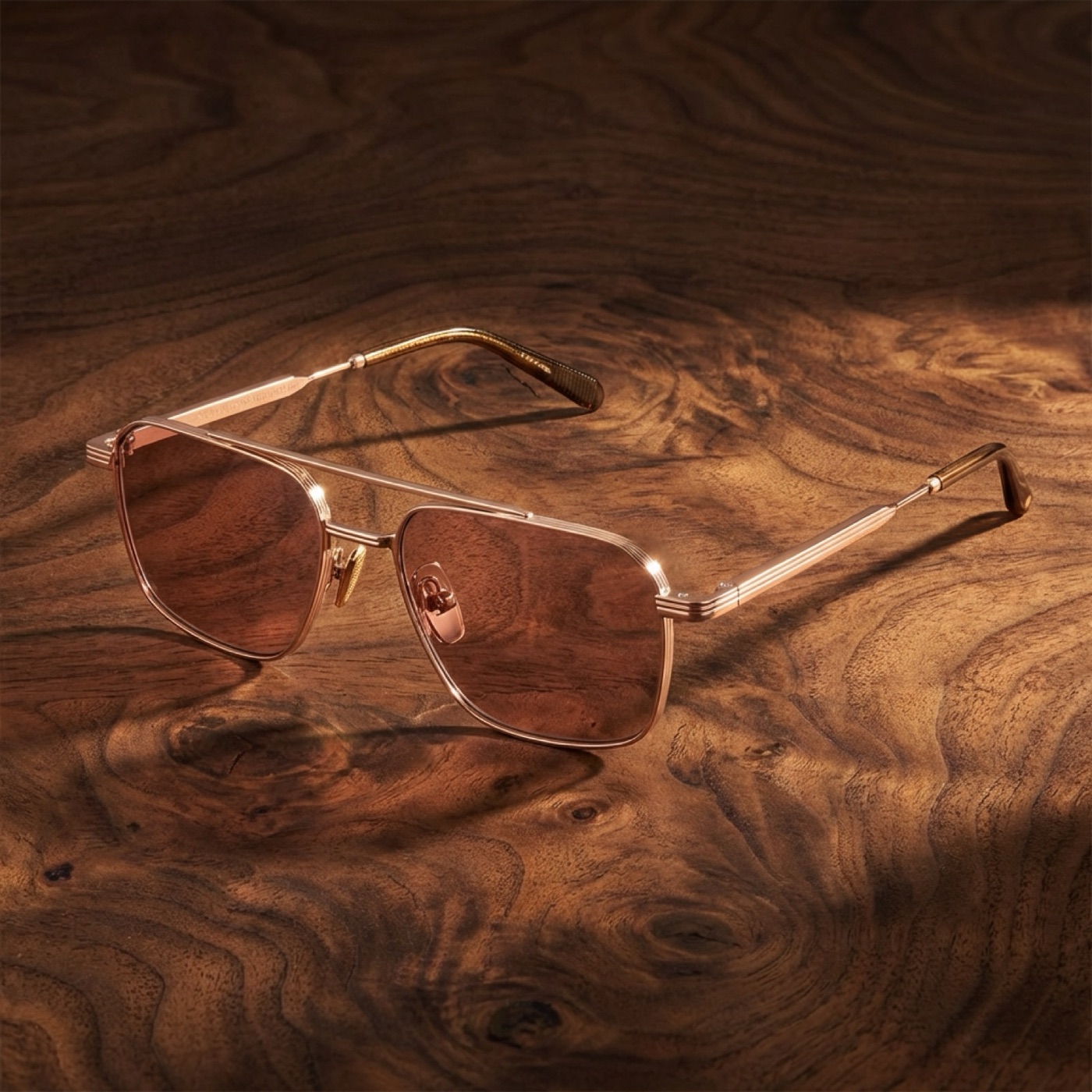 AI-generated image of the same rose gold aviator frame styled on a dark wood surface