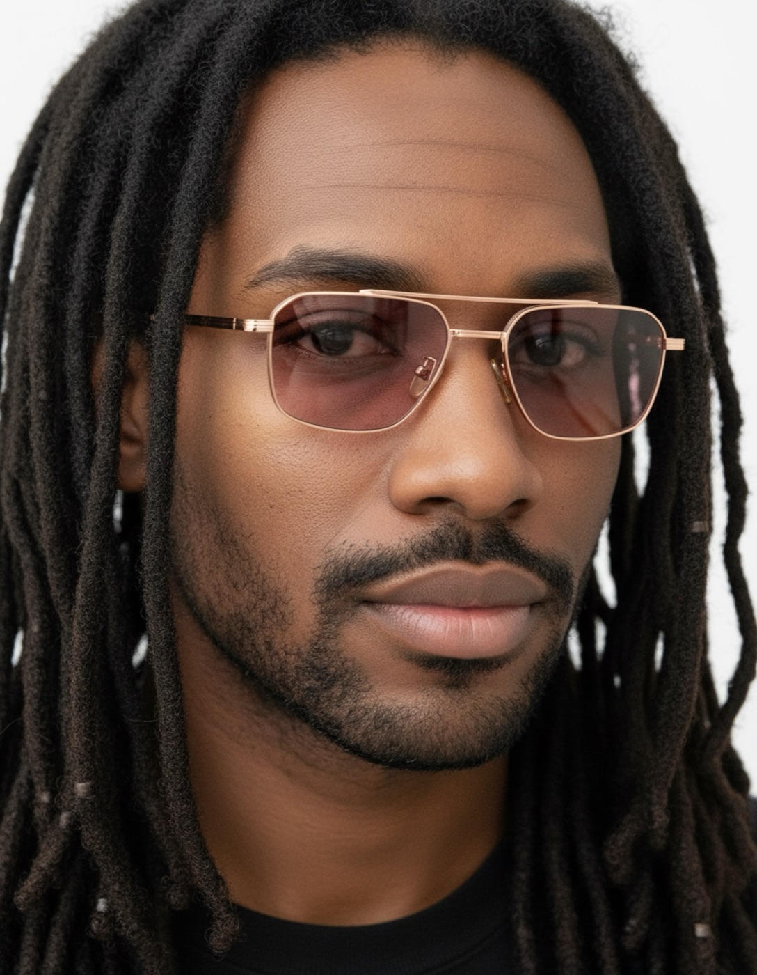 AI-generated close-up portrait of a man wearing the same rose gold aviator frame