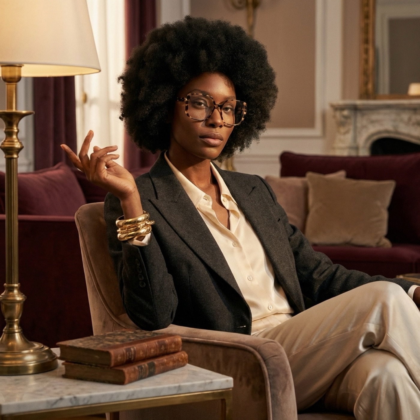 AI-generated image of a woman seated in a living room wearing the same oversized tortoiseshell frame