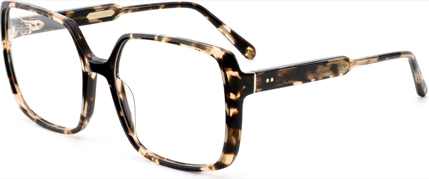 Product photo of an oversized square tortoiseshell optical frame on a white background