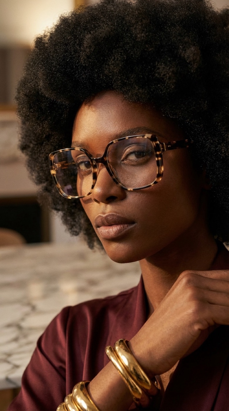 AI-generated close-up portrait of a woman wearing the same oversized tortoiseshell frame