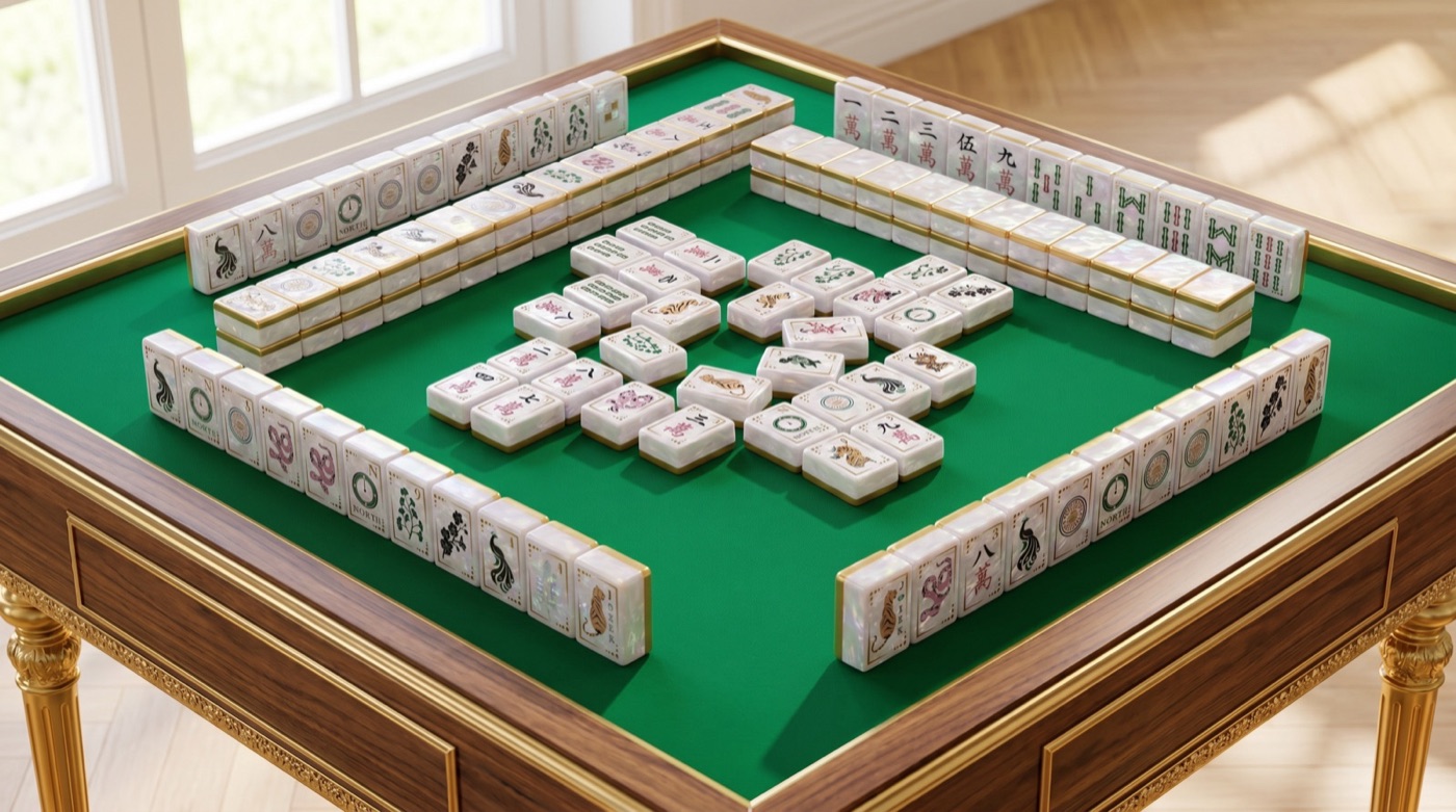 Product photo of a luxury mahjong table set with mother-of-pearl tiles arranged on green felt