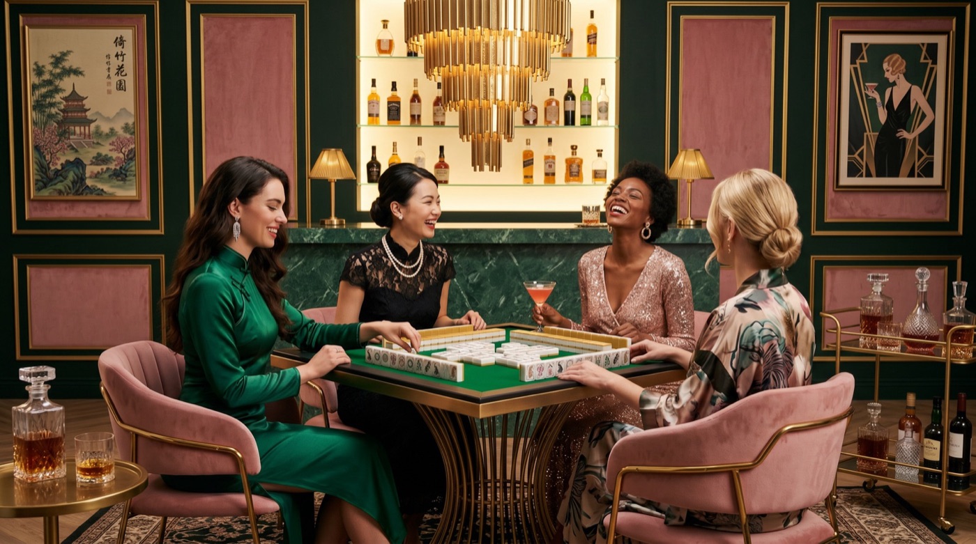 AI-generated image of four women playing mahjong at the same table in a glamorous lounge