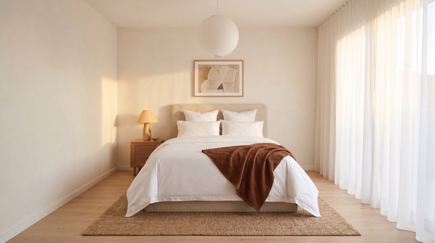 Empty styled bedroom with white bedding and a rust-colored throw blanket