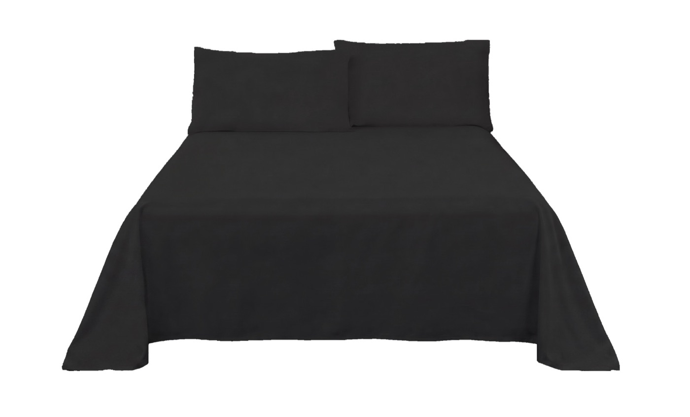 Product photo of a charcoal bed sheet set with pillows on a plain background