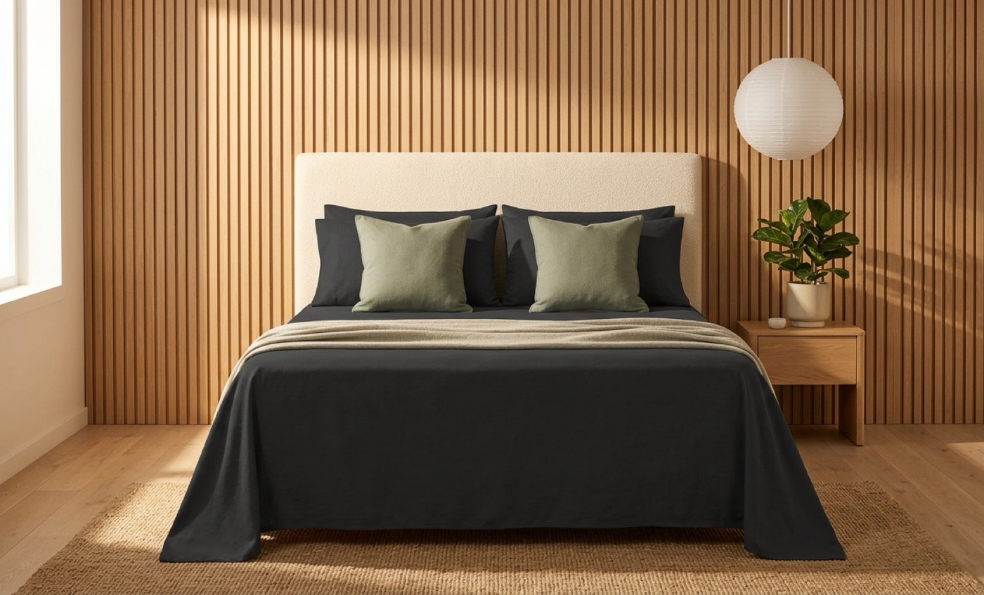 AI-generated image of the same charcoal bedding styled in a wood-paneled bedroom with green accent pillows