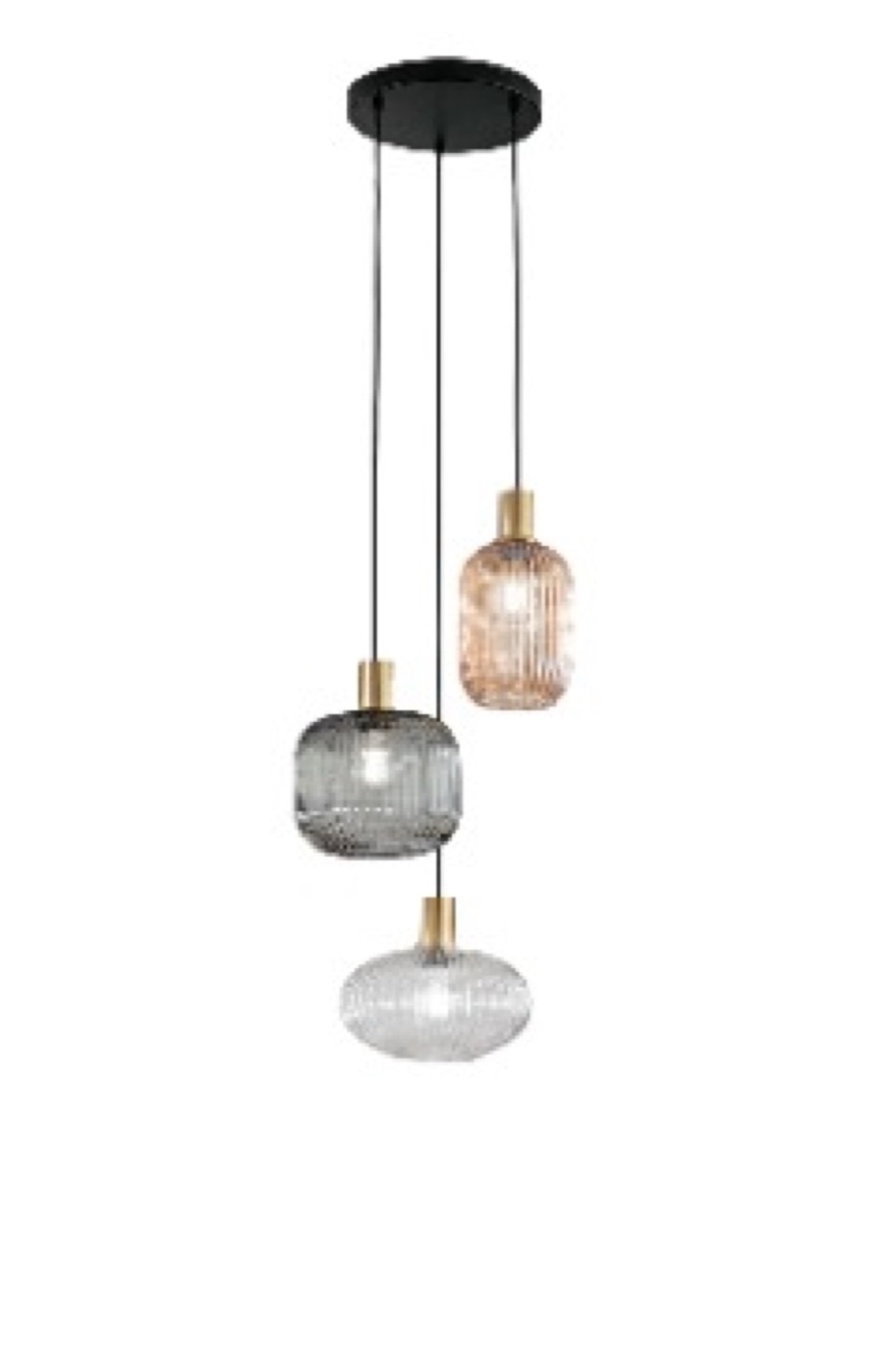 Product photo of a three-pendant ribbed glass light fixture with brass fittings on a white background