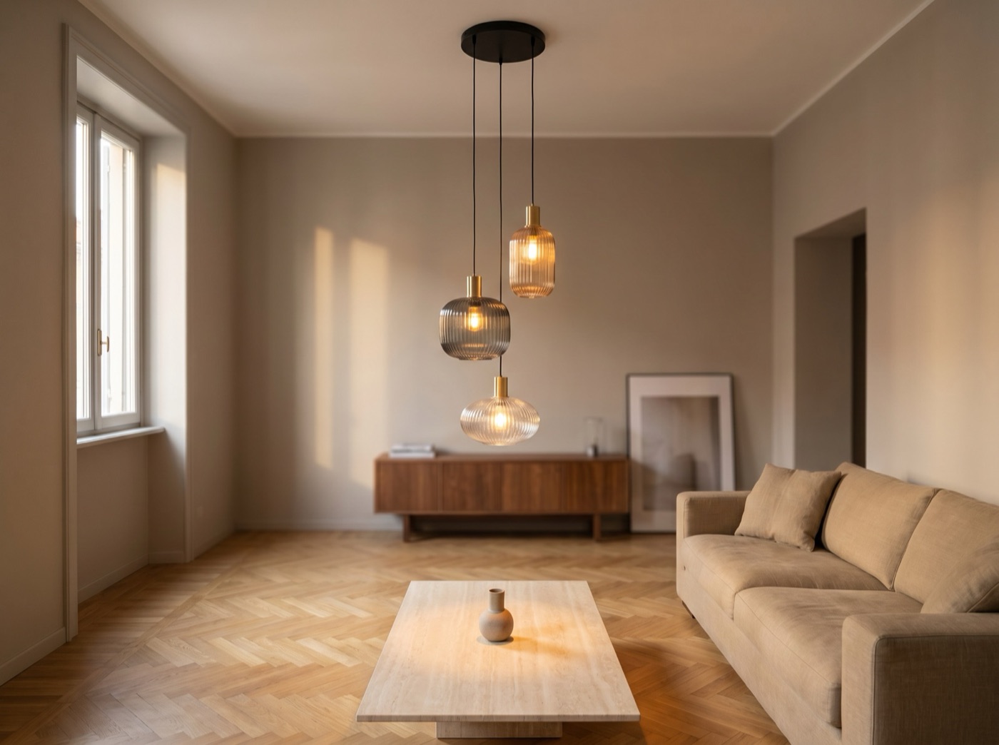 AI-generated image of the same three-pendant light fixture hanging in a sunlit living room