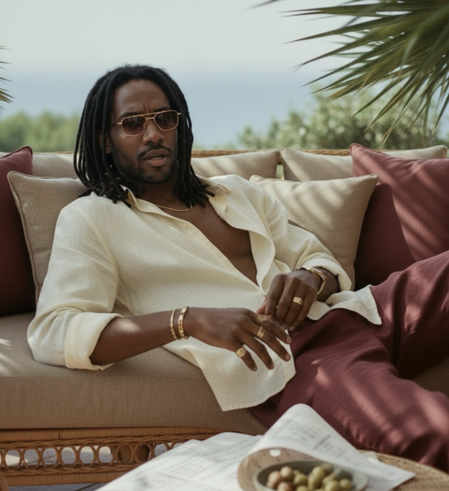 Bearded man wearing square sunglasses on a hotel terrace, campaign style for a Paris eyewear house
