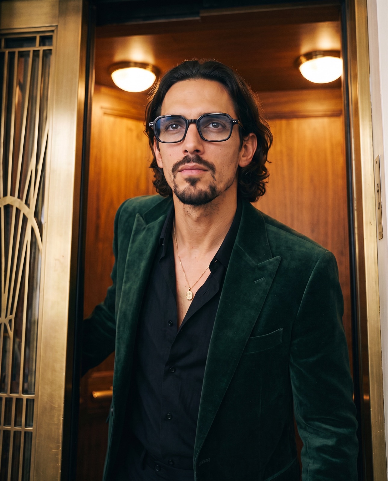 Man in a green velvet jacket wearing square glasses in a wood-panelled elevator