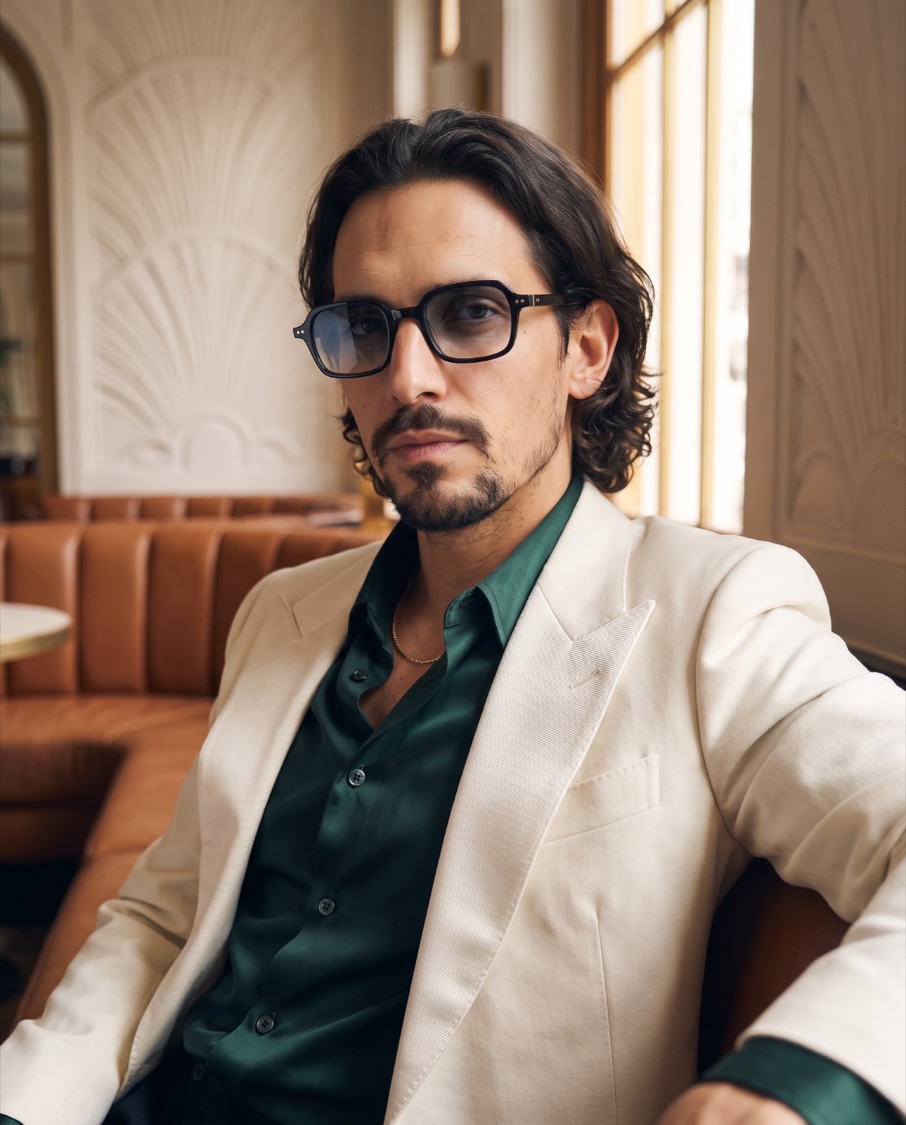 Man wearing square sunglasses at a marina, denim jacket, same cast and frames as the other campaign scenes